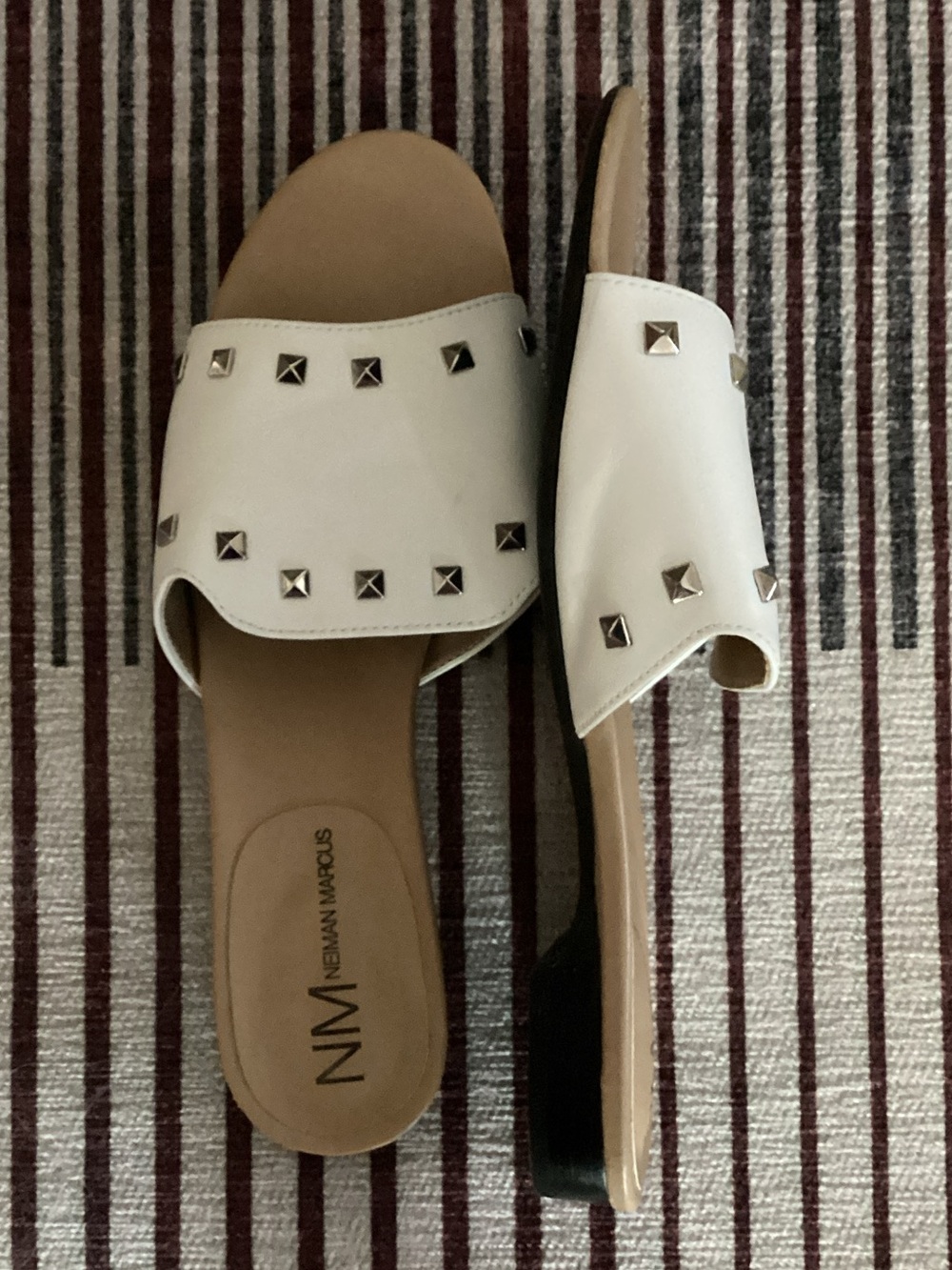 Neiman Marcus White Pyramid-Stud Slide Mules